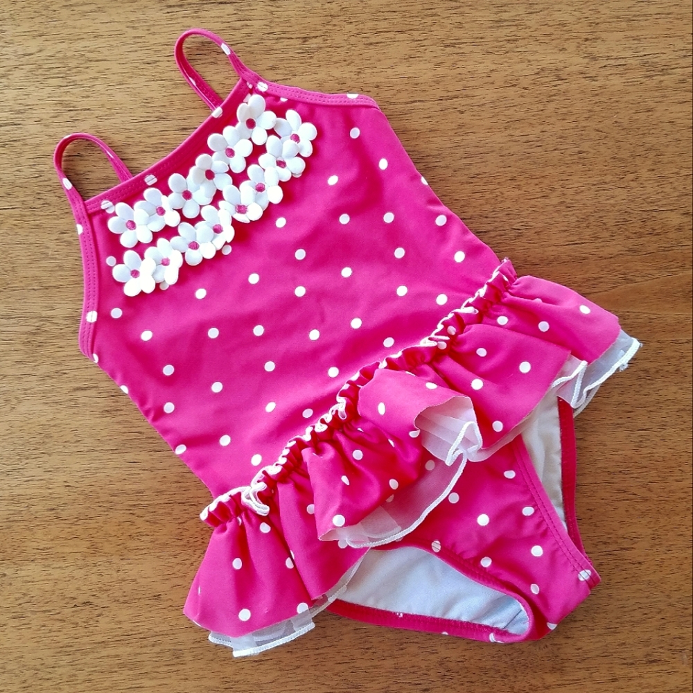 Little Me | Pink Polka Dot Swimsuit w/ Ruffles and Flowers | 24 Months